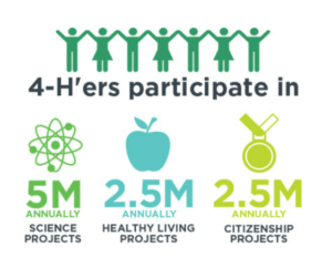 An infographic that explains how many science, healthy living, and citizenship projects the 4-H Organization hosts yearly.