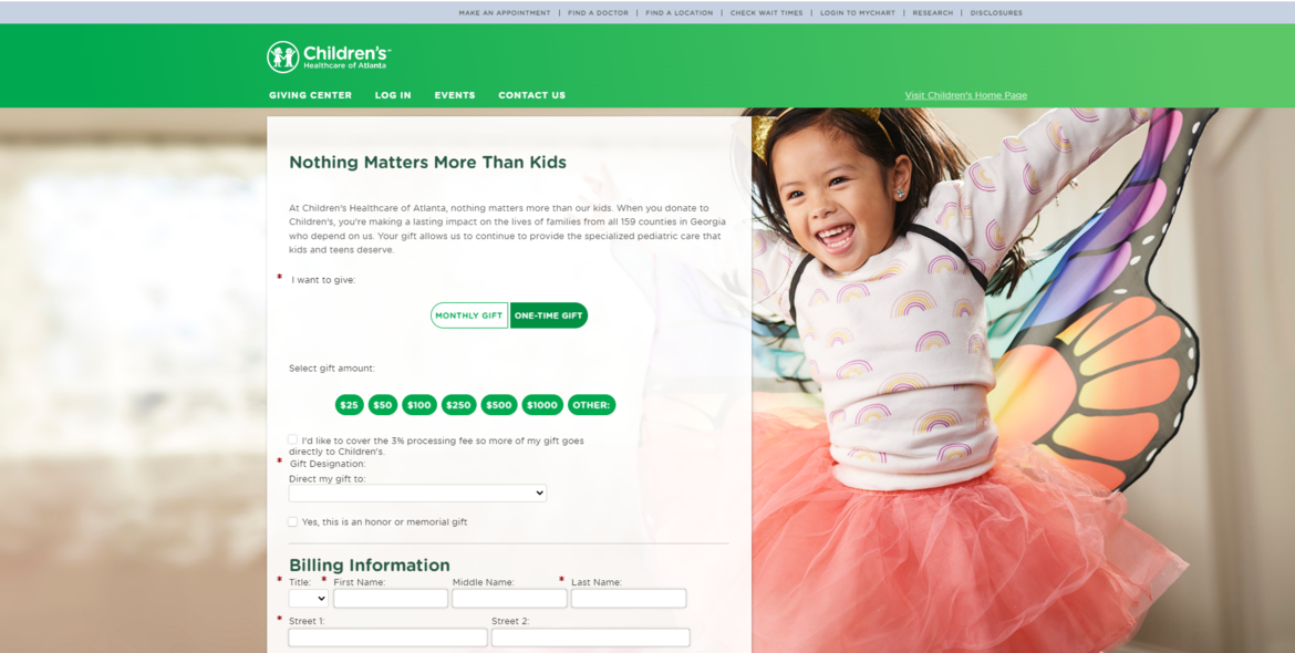This image shows how Children's Healthcare of Atlanta uses a style guide and branding for their donation page.
