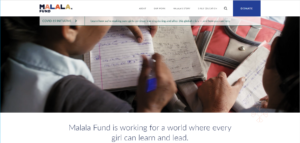This image shows how the Malala fund website uses videos and photos on the website to demonstrate their work, impact, and cause.