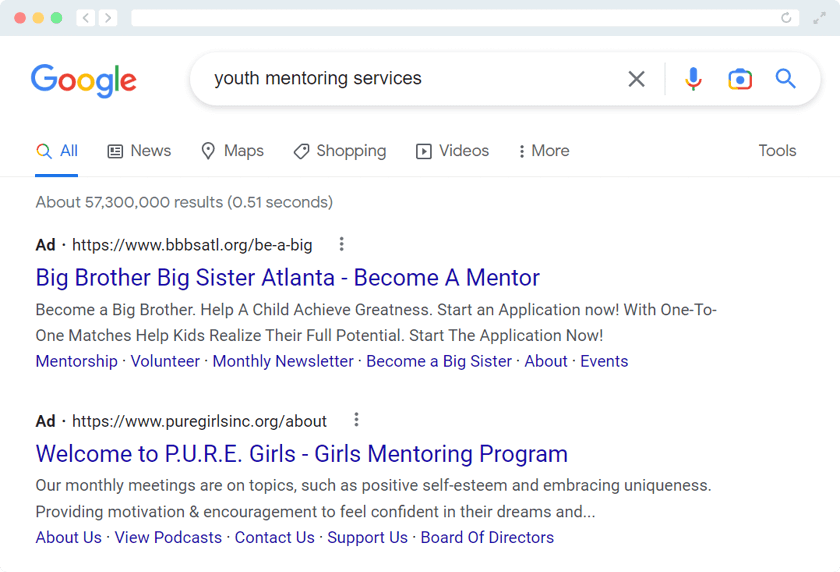 Here's an example of content being promoted on a SERP with Google Ad Grants.