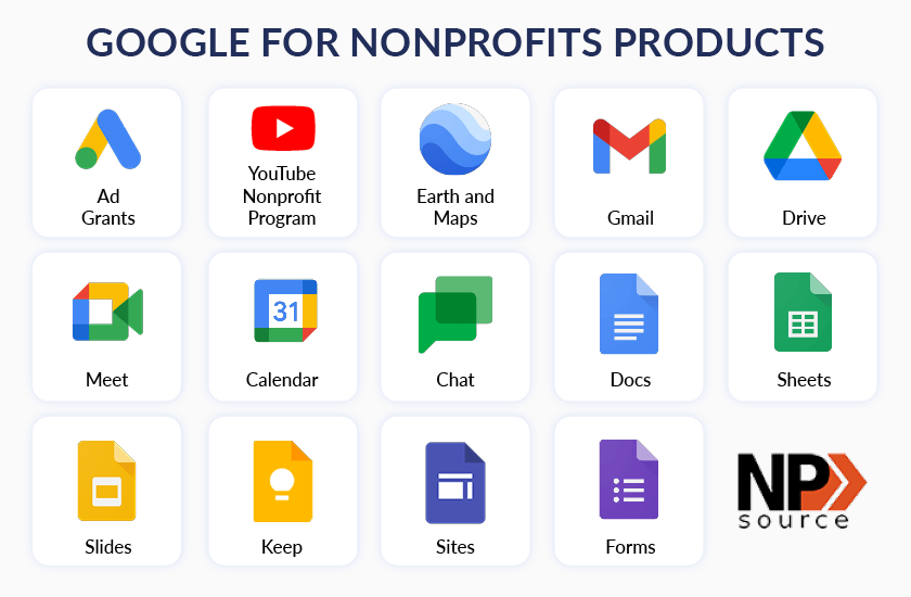 When you apply for Google for Nonprofits, you'll receive these products in addition to Google Ad Grants.