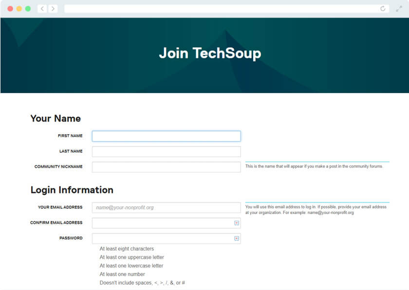This image shows the TechSoup registration page you'll need to complete before filling out the Google Grant application.