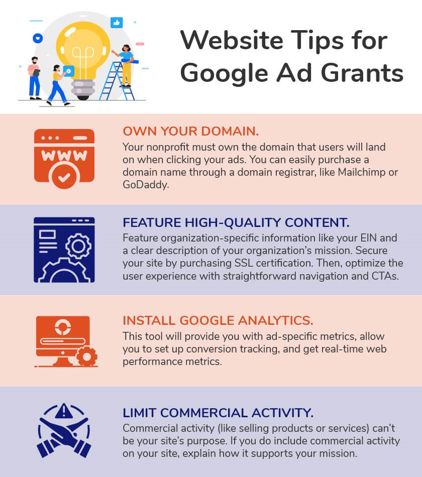 Follow these website tips to meet the Google Ad Grant requirements.