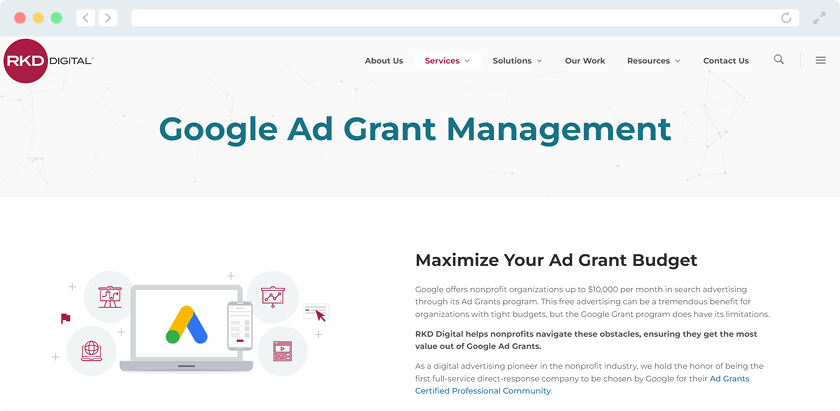 Check out RKD Digital's website and dive into their Google Grants management services.