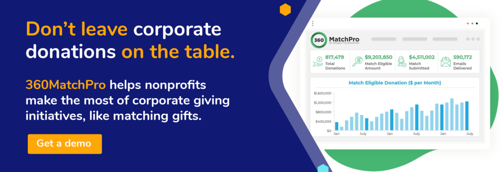 Don’t leave corporate donations on the table. 360MatchPro helps nonprofits make the most of corporate giving initiatives, like matching gifts. Get a demo. 