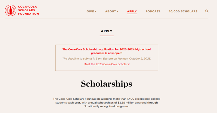 This image shows the information page for the Coca-Cola Scholars Program Scholarship, part of Coca-Cola’s corporate philanthropy program.