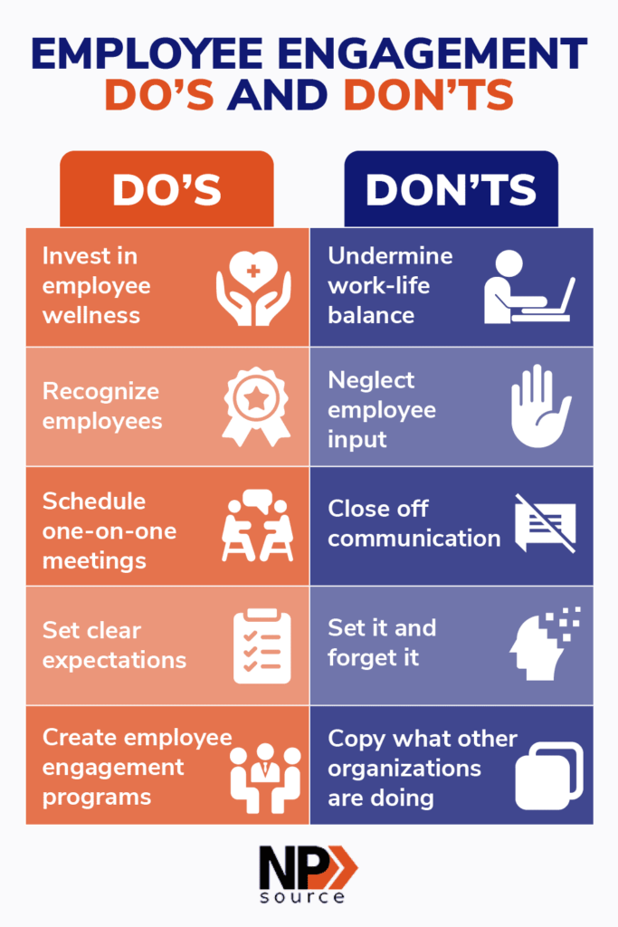 This graphic summarizes common employee engagement dos and don’ts as listed below.