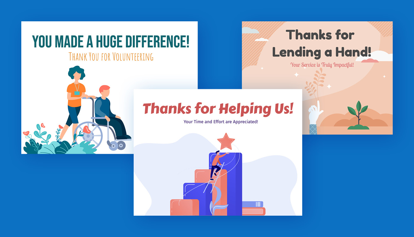 This image features three example eCards your nonprofit can send after a virtual volunteer experience to thank volunteers.