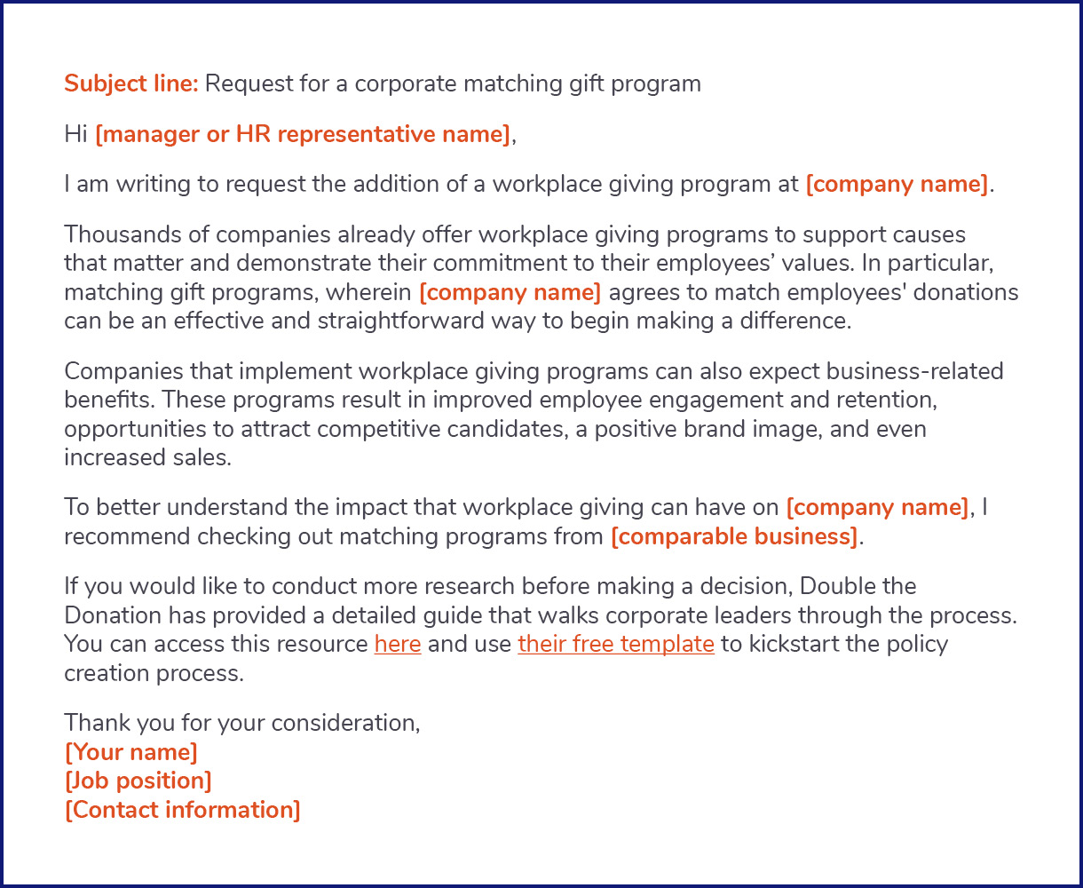 The image is a template letter for supporters to send to relevant parties at their employer to advocate for starting a matching gifts program. 