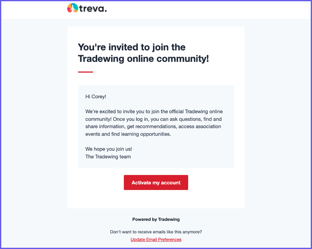 A screenshot of an email inviting a member to a community engagement platform.