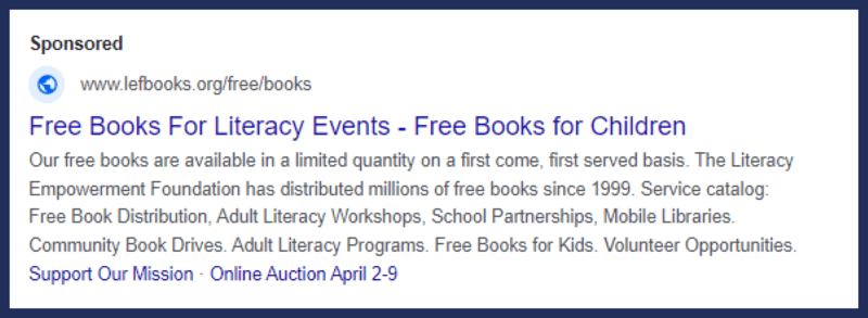 An example of a Google Ad from the Literacy Empowerment Foundation