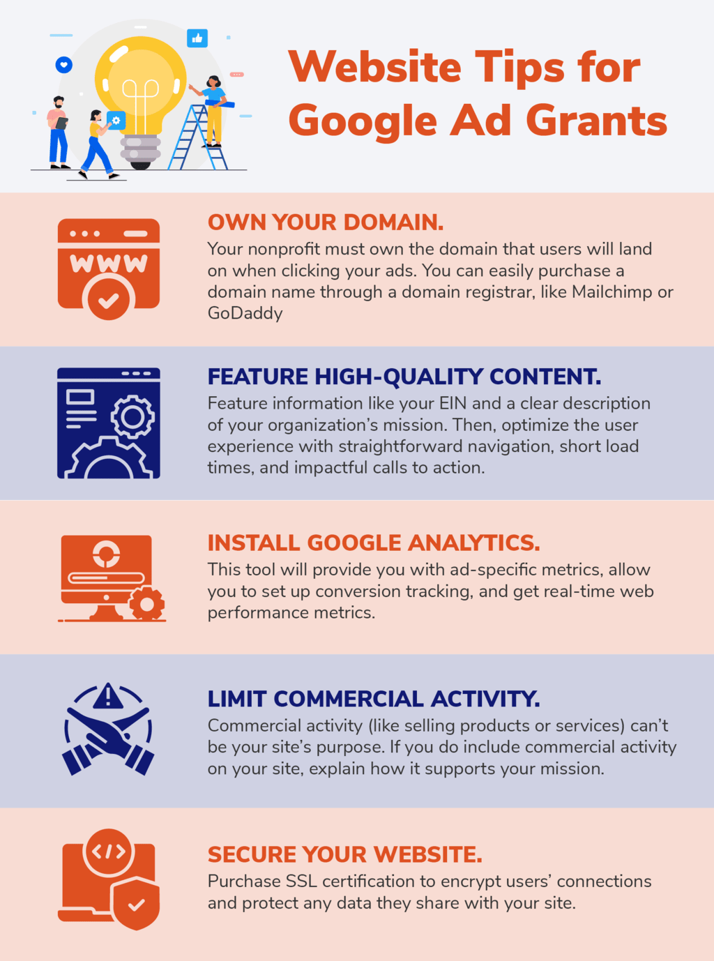 Follow these website tips to meet the requirements for your Google Ad Grants application.